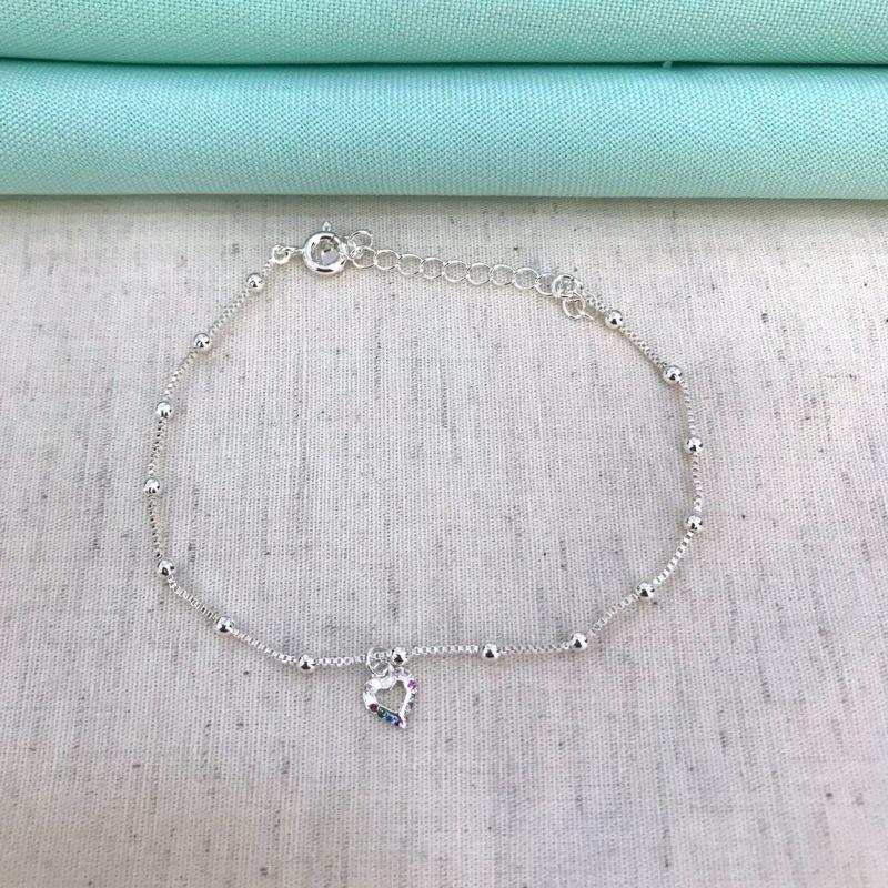 PULSEIRA CORAÇÃO ZIRC COLOR ESFERA BANHADO A PRATA