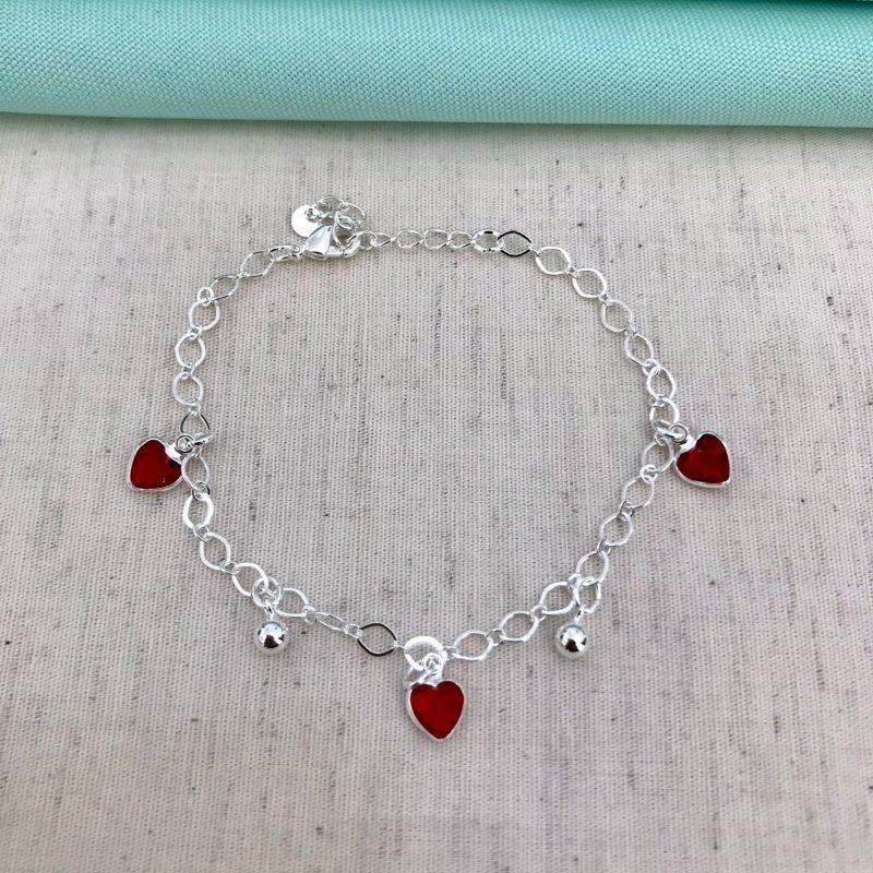 PULSEIRA PING CORAÇÃO VERMELHO BANHADO A PRATA