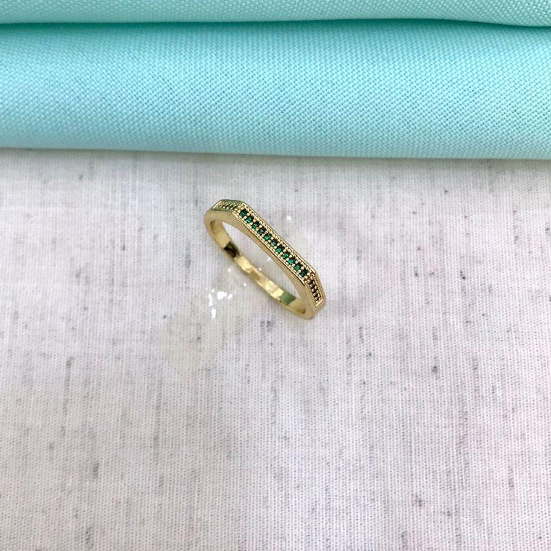 ANEL ARO HEXAGONAL ZIRCÔNIA VERDE BANHADO A OURO