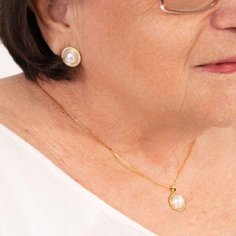 CONJUNTO PÉROLA ZIRCÔNIA BANHADO A OURO