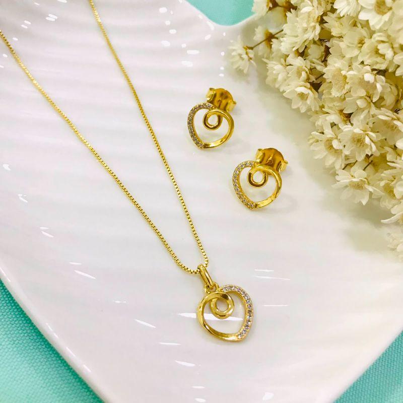 CONJUNTO CORAÇÕES COM ZIRCÔNIA BANHADA OURO